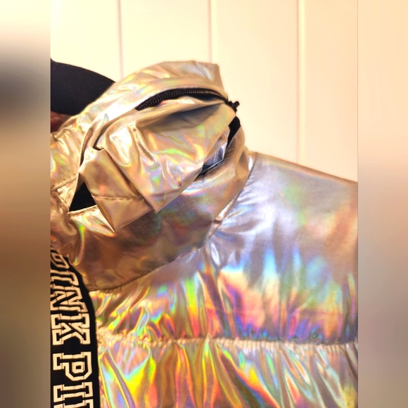 NWT Victoria's Secret Pink Silver Iridescent Puffer Jacket. - Picture 6 of 7